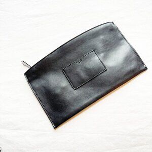 Black Reed Leather Zip Clutch With Blue Lining & Card Pocket